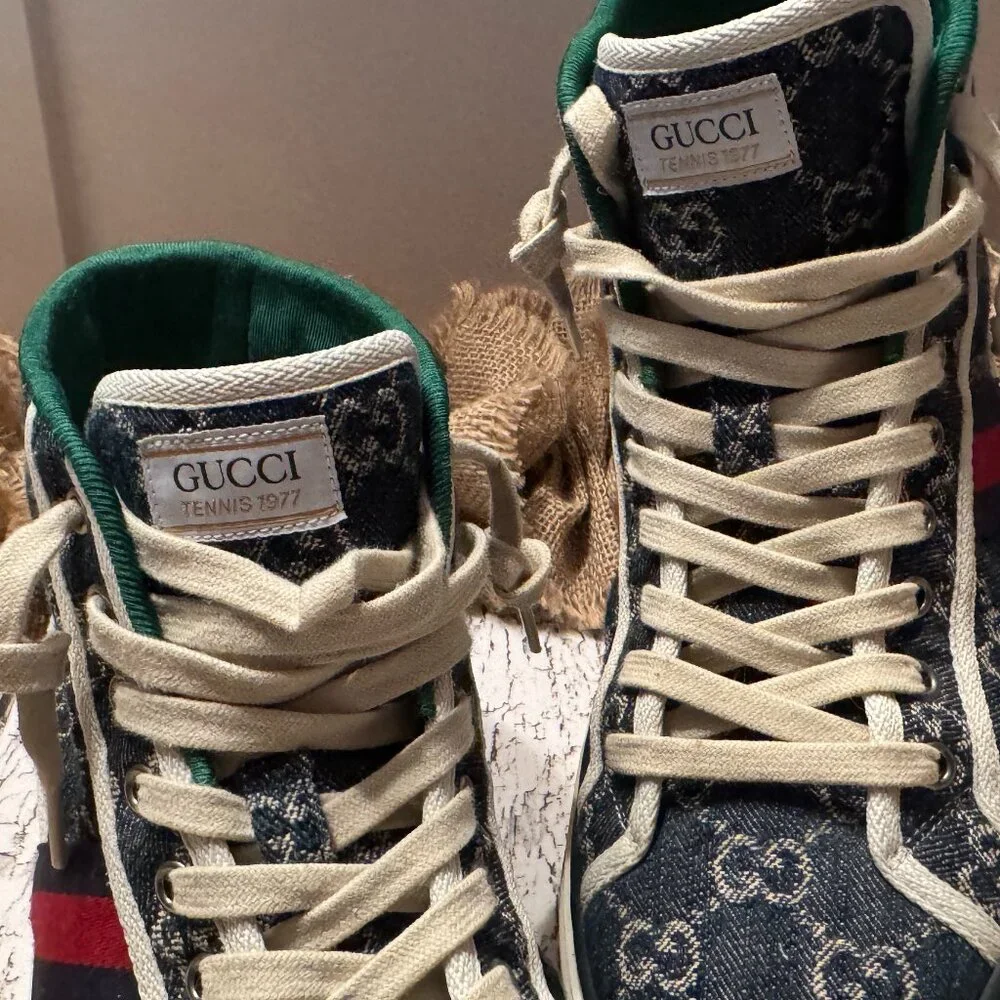 Men's Gucci High Top Denim Sneakers Monogram Blue Cream 8 - Picture 3 of 8
